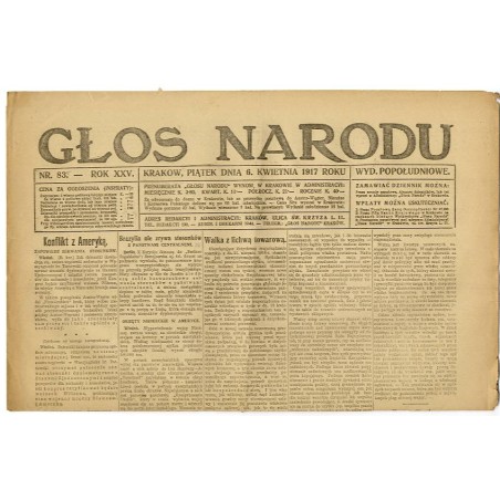 Głos Narodu. R.25 (1917). Nr 83 (6 kwietnia 1917). Wydanie popołudniowe