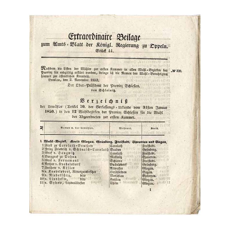 [Amts-Blatt der Königlichen Regierung zu Oppeln. 1852]. Extaordinaire Beilage zum Amts-Blatt der Königl. Regierung zu Oppeln. St