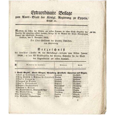 [Amts-Blatt der Königlichen Regierung zu Oppeln. 1852]. Extaordinaire Beilage zum Amts-Blatt der Königl. Regierung zu Oppeln. St