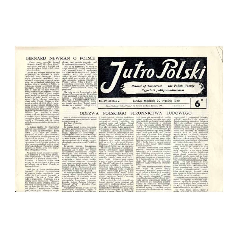 Jutro Polski. Tygodnik polityczno-literacki  Poland of Tomorrow. The Polish Weekly. R.2 (1945). Nr 39 (41) (30 września 1945)