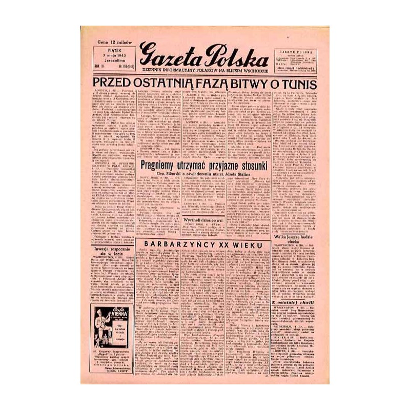 Gazeta Polska. Dziennik informacyjny Polaków na Bliskim Wschodzie. R.3 (1943). Nr 107 (546) (7 maja 1943)