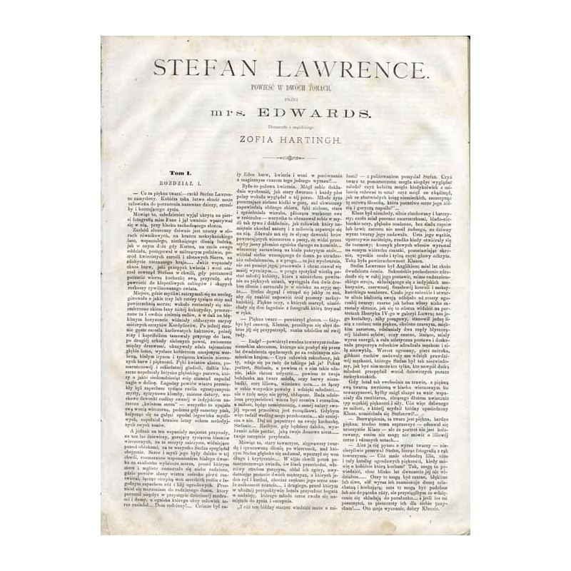 Stefan Lawrence. Powieść w dwóch tomach, przez mrs. Edwards. Dodatki do nru 38-53 seryi III Tygodnika Illustrowanego