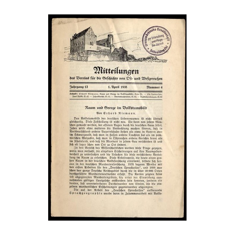 Mitteilungen des Vereins für die Geschichte von Ost- und Westpreußen. 12. Jahrgang (1938). Nr 4 (1 IV 1938)