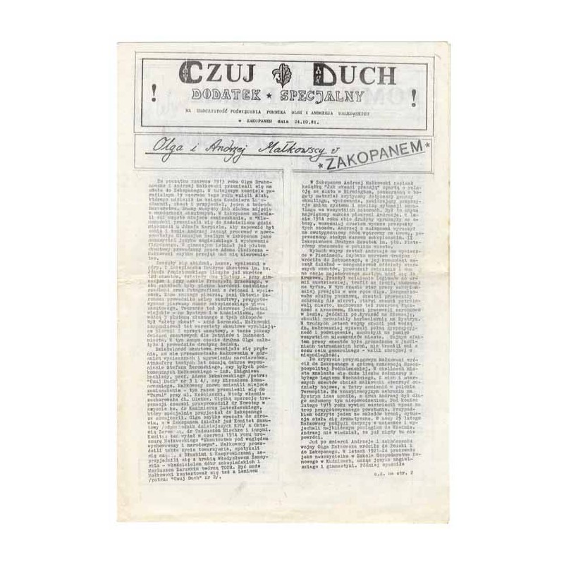 Czuj Duch ! Dodatek specjalny na uroczystość poświecenia pomnika Olgi i Andrzeja Małkowskich w Zakopanem dnia 24.10.81