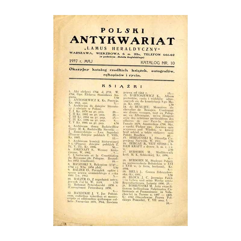 Polski Antykwariat "Lamus Heraldyczny", Warszawa, Wierzbowa 6 [...] (1937). Katalog Nr 10 (maj 1937). Okazyjny katalog rzadkich