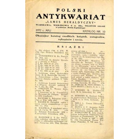 Polski Antykwariat "Lamus Heraldyczny", Warszawa, Wierzbowa 6 [...] (1937). Katalog Nr 10 (maj 1937). Okazyjny katalog rzadkich