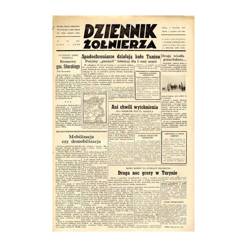 Dziennik Żołnierza. [...] Pismo żołnierzy I. Korpusu Panc.-Motorowego. R.3 (1942). Nr 187 (720) (11 grudnia 1942)