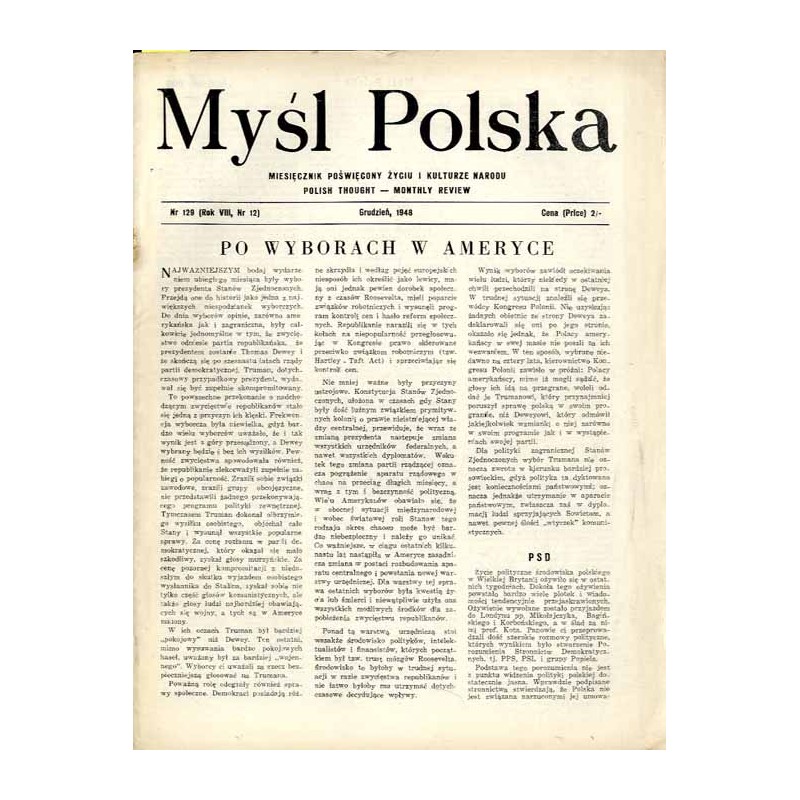 Myśl Polska. Dwutygodnik poświęcony życiu i kulturze narodu  Polish Thought. Fortnightly review. R.8 (1948). Nr 12 (129) (Grudz
