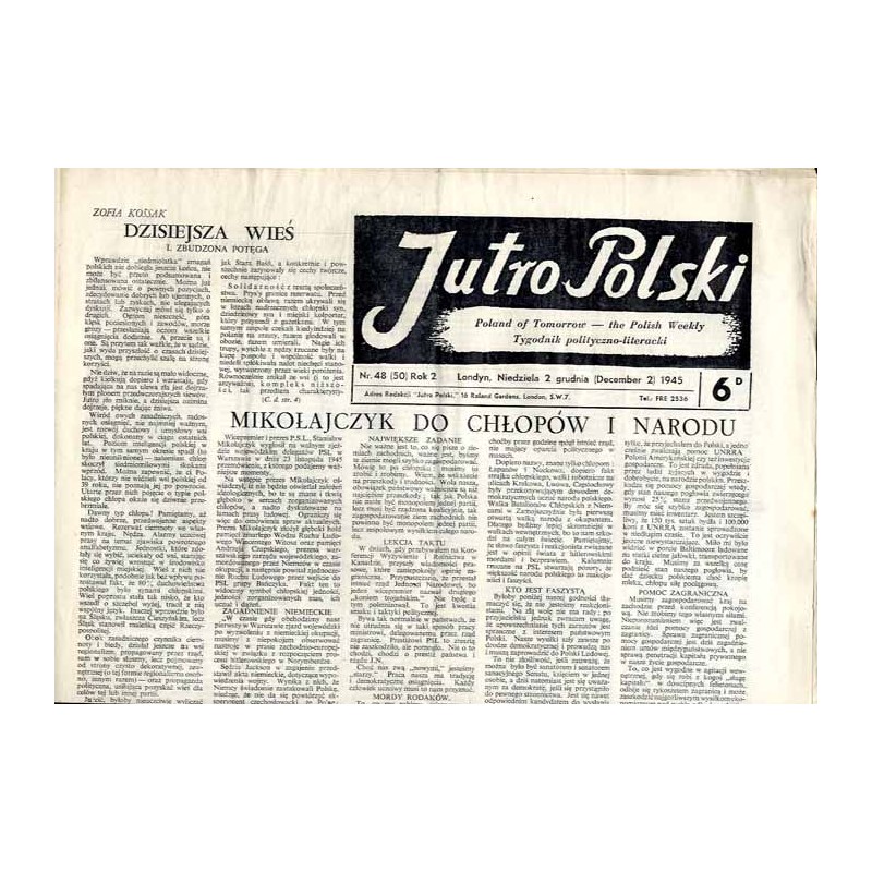 Jutro Polski. Tygodnik polityczno-literacki  Poland of Tomorrow. The Polish Weekly. R.2 (1945). Nr 48 (50) (2 grudnia 1945) / Z