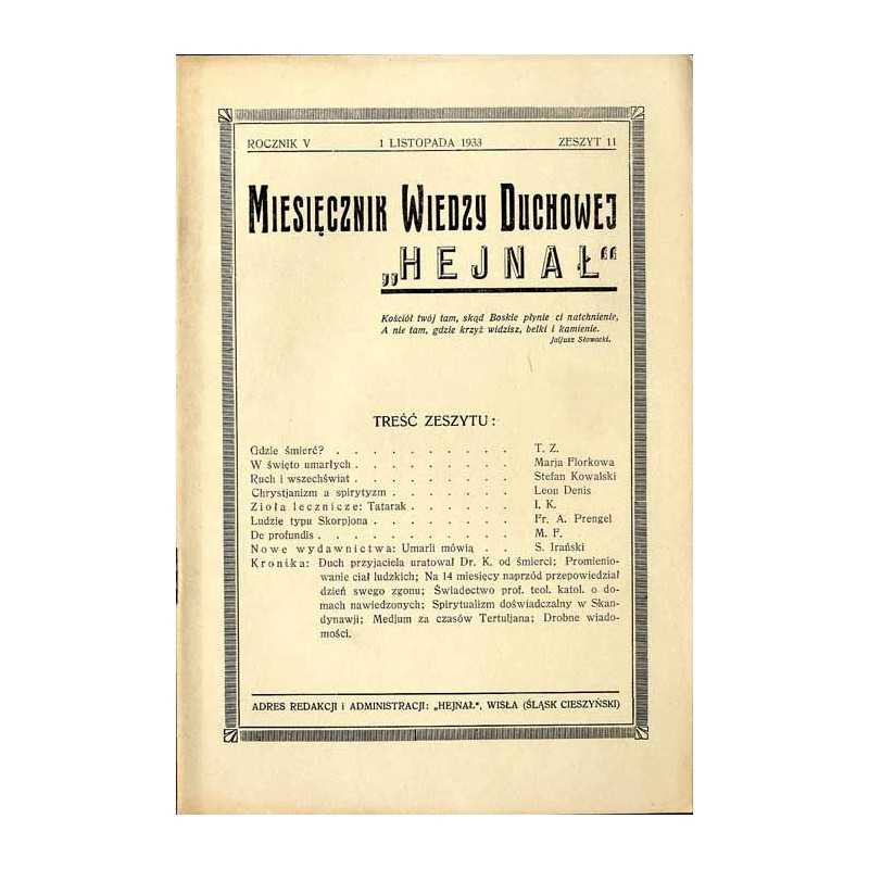 "Hejnał". Miesięcznik poświęcony wiedzy duchowej. R. 5 (1933). Z. 11 (1 listopada 1933)
