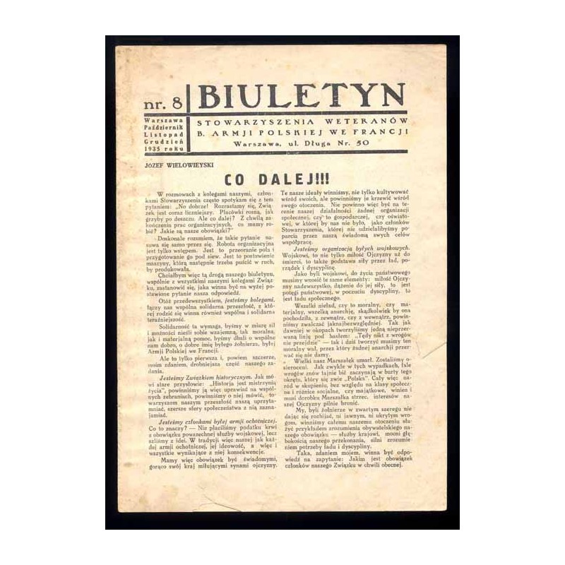 Biuletyn Zarządu Głównego. Zarząd Główny Stowarzyszenia Weteranów b. Armii Polskiej we Francji. [1935]. Nr 8 (październik-grudzi