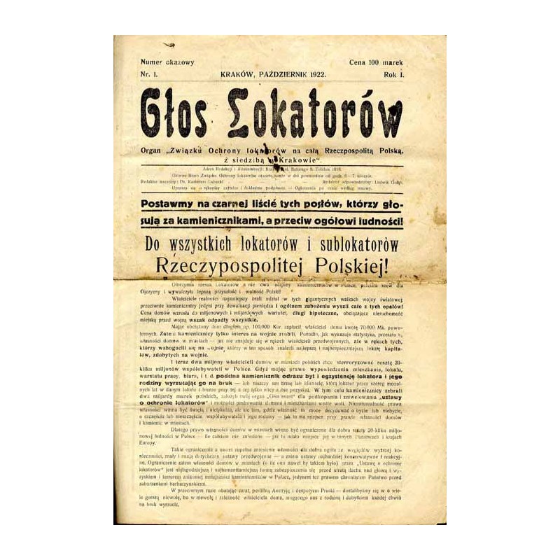 Głos Lokatorów. Organ "Związku Ochrony Lokatorów na całą Rzeczpospolitą Polską, z siedzibą w Krakowie". R.1 (1922). Nr 1 (Paździ