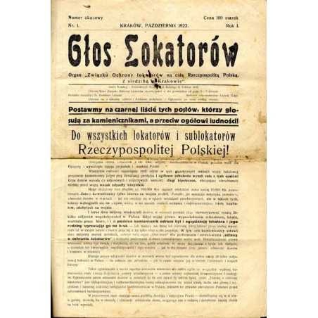 Głos Lokatorów. Organ "Związku Ochrony Lokatorów na całą Rzeczpospolitą Polską, z siedzibą w Krakowie". R.1 (1922). Nr 1 (Paździ