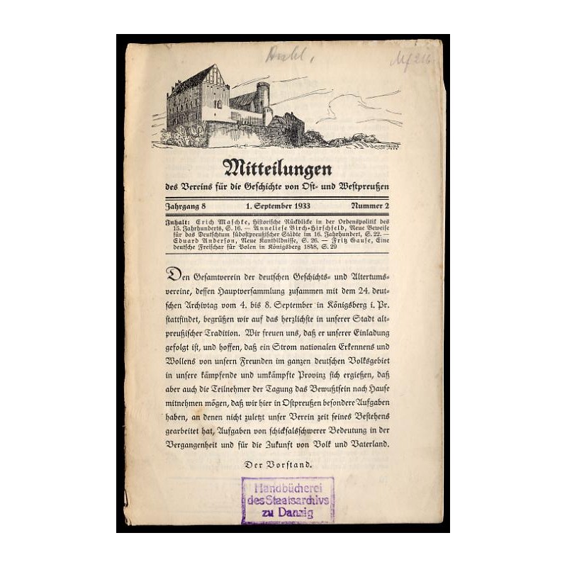 Mitteilungen des Vereins für die Geschichte von Ost- und Westpreußen. 8. Jahrgang (1933). Nr 2 (1 IX 1933)
