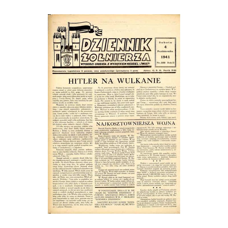 Dziennik Żołnierza. Wychodzi codzien. z wyjątkiem niedziel i świąt. R.2 (1941). Nr 388 (4 października 1941)