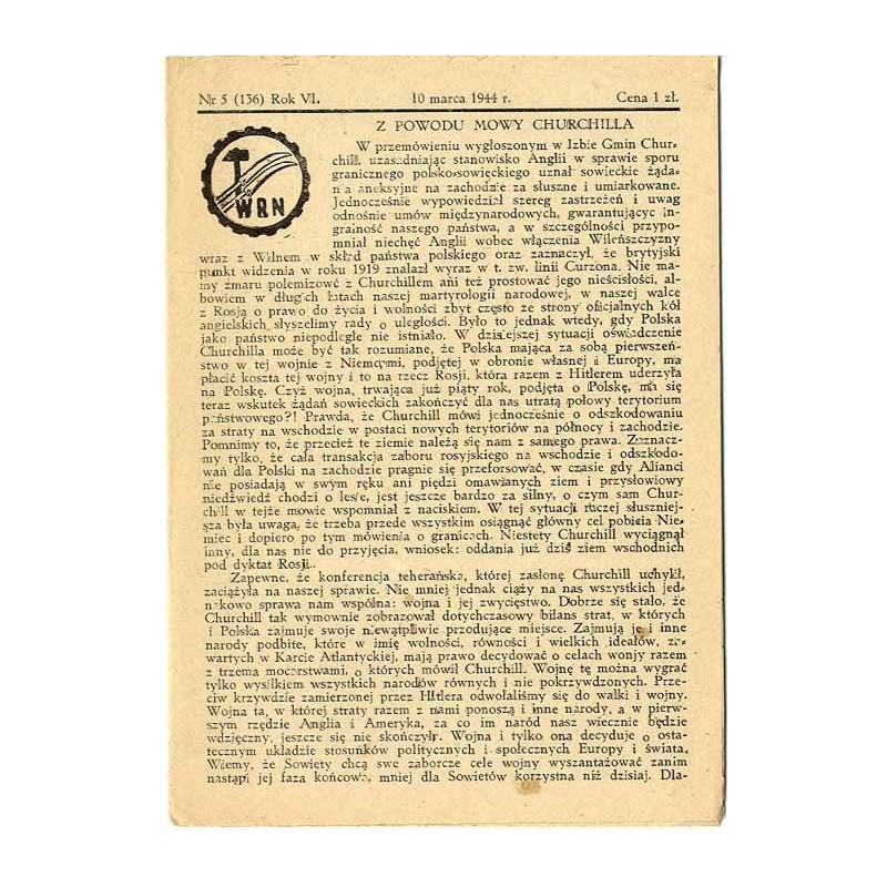 WRN [Wolność Równość Niepodległość]. R. 6 (1944). Nr 5 (136) (10 marca 1944)