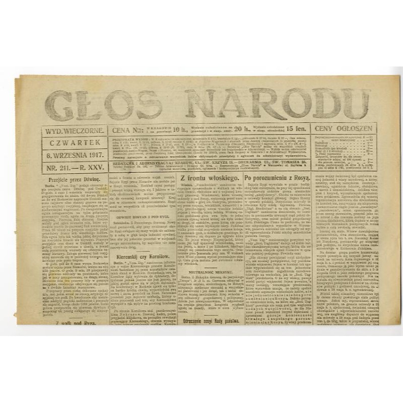 Głos Narodu. R.25 (1917). Nr 211 (6 września 1917). Wydanie wieczorne