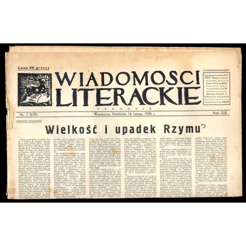 Wiadomości Literackie. Tygodnik. R.13 (1936). Nr 7 (639) (16 lutego 1936)