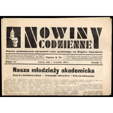 Nowiny Codzienne. Pismo poświęcone sprawom ludu polskiego na Śląsku Opolskim. R.24 (1934). Nr 204 (7 września 1934)