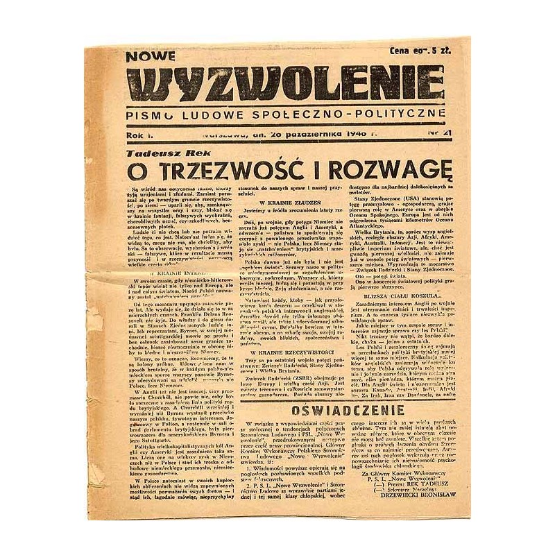 Nowe Wyzwolenie. Pismo ludowe społeczno-polityczne. R.1 (1946). Nr 21 (26 października 1946)
