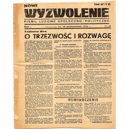 Nowe Wyzwolenie. Pismo ludowe społeczno-polityczne. R.1 (1946). Nr 21 (26 października 1946)