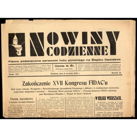 Nowiny Codzienne. Pismo poświęcone sprawom ludu polskiego na Śląsku Opolskim. R.26 (1936). Nr 205 (6 września 1936)
