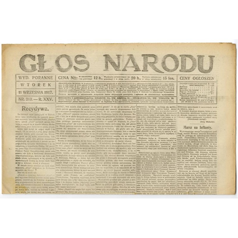Głos Narodu. R.25 (1917). Nr 213 (11 września 1917). Wydanie poranne