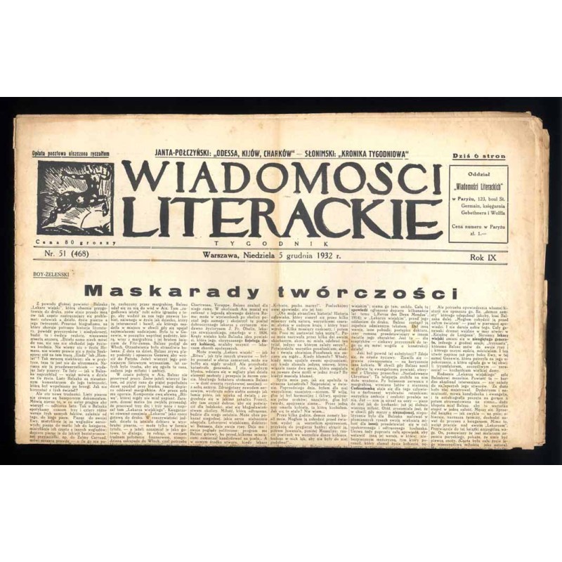 Wiadomości Literackie. Tygodnik. R.9 (1932). Nr 51 (468) (5 grudnia 1932)