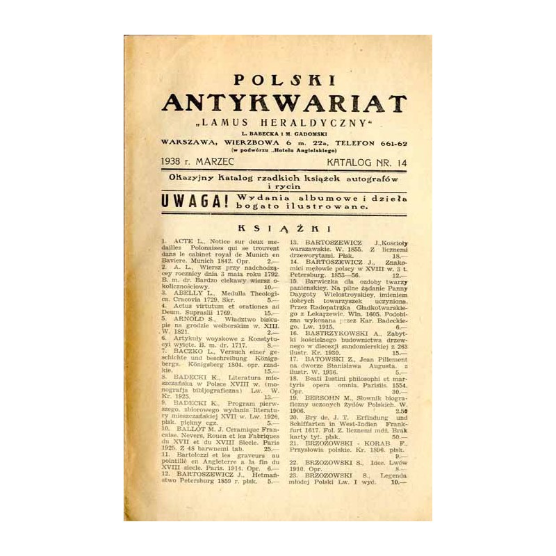 Polski Antykwariat "Lamus Heraldyczny" L. Babecka i M. Gadomski. Warszawa [...] Katalog Nr. 14 (Marzec 1938). Okazyjny katalog r