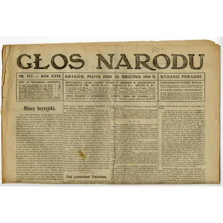 Głos Narodu. R.26 (1916). Nr 477 (29 listopada 1916). Wydanie poranne
