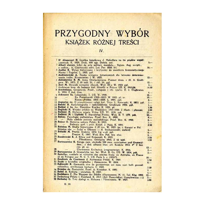 Przygodny wybór książek różnej treści. IV. [Księgarnia D. E. Friedleina, Kraków, Rynek 17]