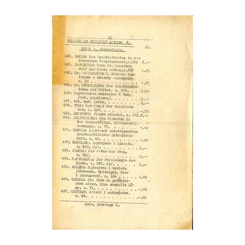 Biuletyn Antykwarski M. H. Rubina V. 6. Dodatek do Biuletynu Antykw. 6. XXIII b. Seksuologia