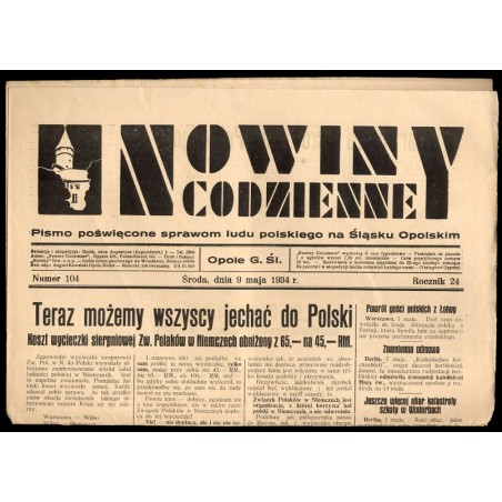 Nowiny Codzienne. Pismo poświęcone sprawom ludu polskiego na Śląsku Opolskim. R.24 (1934). Nr 102 (9 maja 1934)