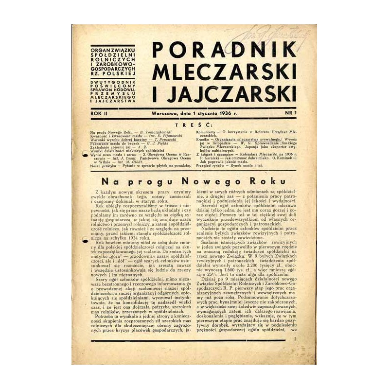 Poradnik Mleczarski i Jajczarski. Organ Związku Spółdzielni Rolniczych i Zarobkowo-Gospodarczych Rz. Polskiej. Dwutygodnik poświ