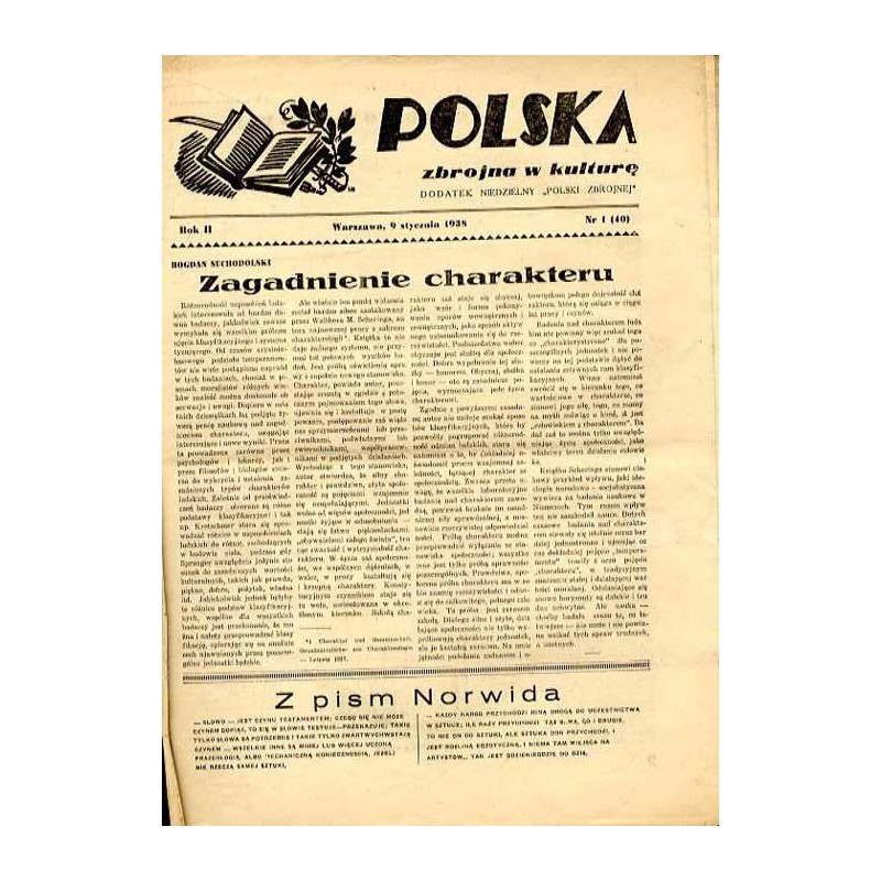 Polska Zbrojna w Kulturę. Dodatek niedzielny "Polski Zbrojnej". R.2 (1938). Nr 1 (40) (9 stycznia 1938) / po powstaniu listopado