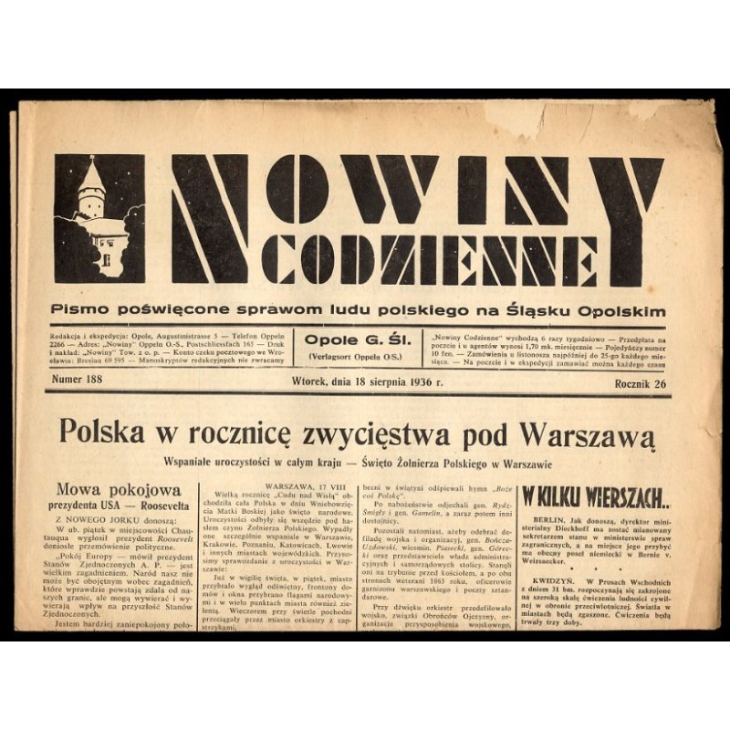 Nowiny Codzienne. Pismo poświęcone sprawom ludu polskiego na Śląsku Opolskim. R.26 (1936). Nr 188 (18 sierpnia 1936)