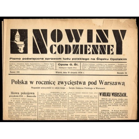 Nowiny Codzienne. Pismo poświęcone sprawom ludu polskiego na Śląsku Opolskim. R.26 (1936). Nr 188 (18 sierpnia 1936)