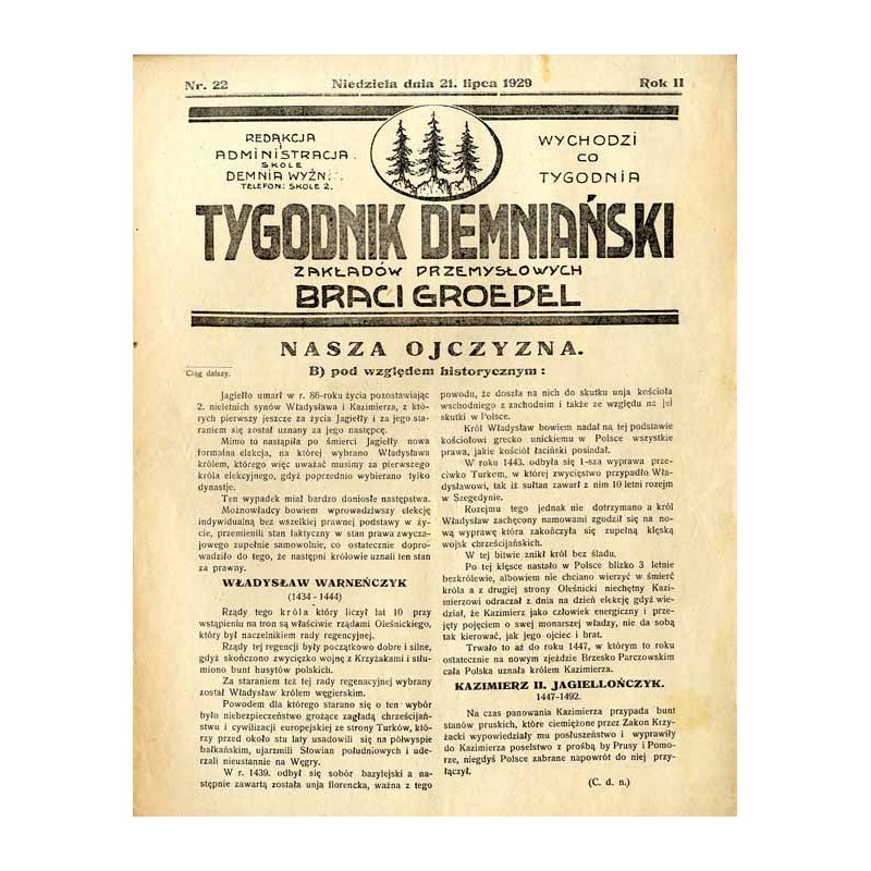 Tygodnik Demnianski Zakładów Przemysłowych Braci Groedel. R.2 (1929). Nr 22 (21 lipca 1929)