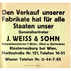 Wein- und Obstpressen, Kellereimaschinen Anton Wottle. Maschinen und Pressenbau Poysdorf N.Ö. Am Heumarkt 520. Alleinverkauf: J.