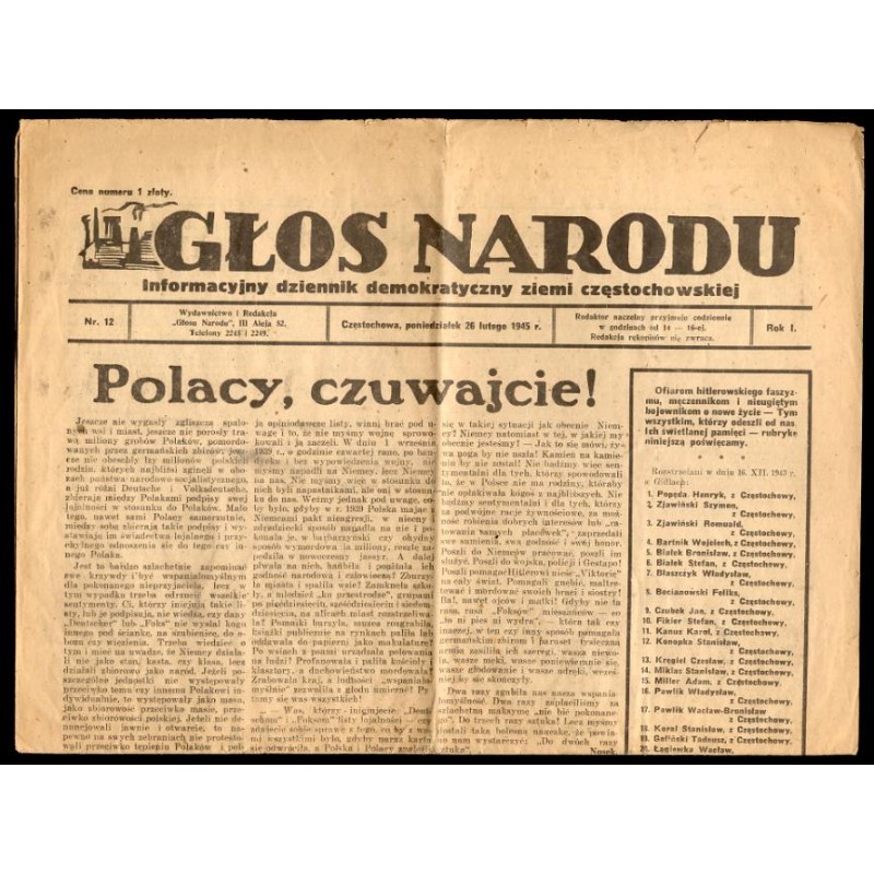 Głos Narodu. Informacyjny dziennik demokratyczny ziemi częstochowskiej. R.1 (1945). Nr 12 (26 II 1945)