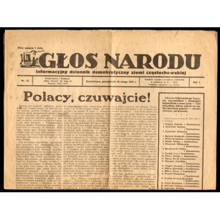 Głos Narodu. Informacyjny dziennik demokratyczny ziemi częstochowskiej. R.1 (1945). Nr 12 (26 II 1945)