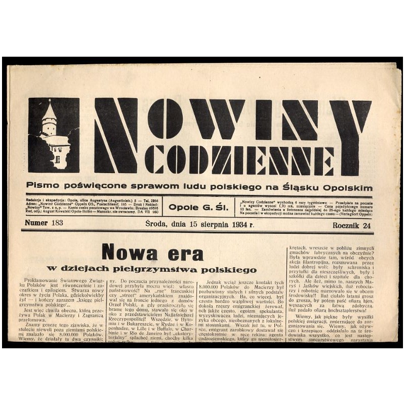 Nowiny Codzienne. Pismo poświęcone sprawom ludu polskiego na Śląsku Opolskim. R.24 (1934). Nr 183 (15 sierpnia 1934)