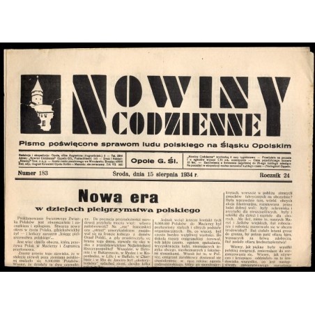Nowiny Codzienne. Pismo poświęcone sprawom ludu polskiego na Śląsku Opolskim. R.24 (1934). Nr 183 (15 sierpnia 1934)