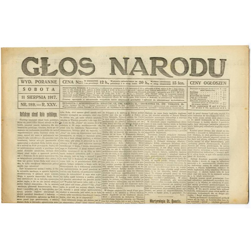 Głos Narodu. R.25 (1917). Nr 189 (11 sierpnia 1917). Wydanie poranne