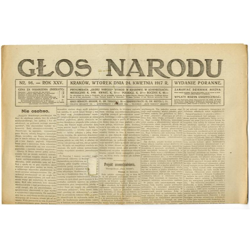 Głos Narodu. R.25 (1917). Nr 96 (24 kwietnia 1917). Wydanie poranne
