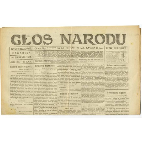 Głos Narodu. R.25 (1917). Nr 193 (16 sierpnia 1917). Wydanie wieczorne