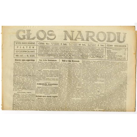 Głos Narodu. R.25 (1917). Nr 147 (22 czerwca 1917). Wydanie wieczorne