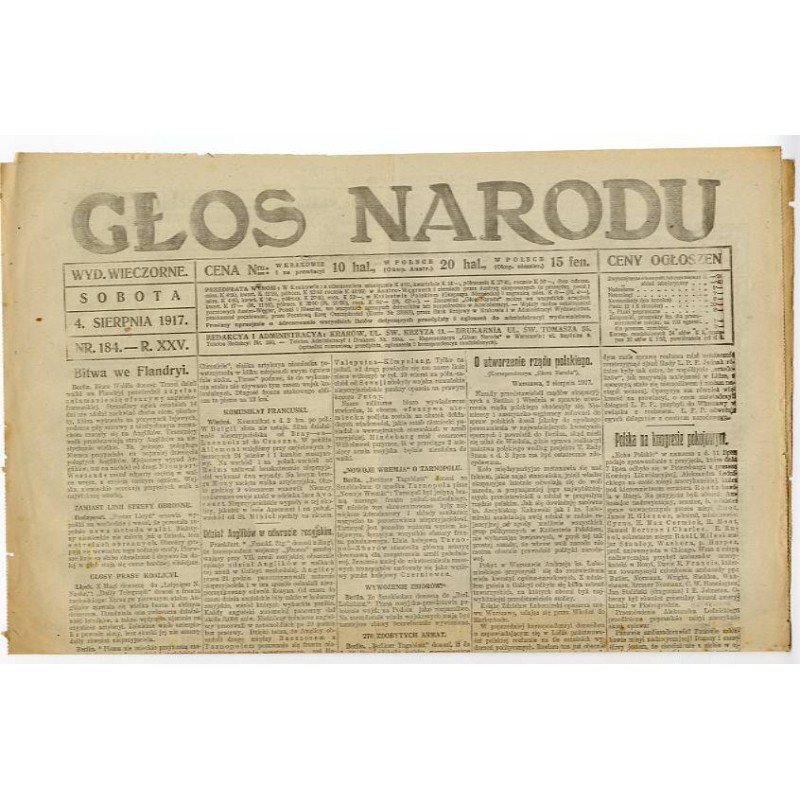 Głos Narodu. R.25 (1917). Nr 184 (4 sierpnia 1917). Wydanie wieczorne