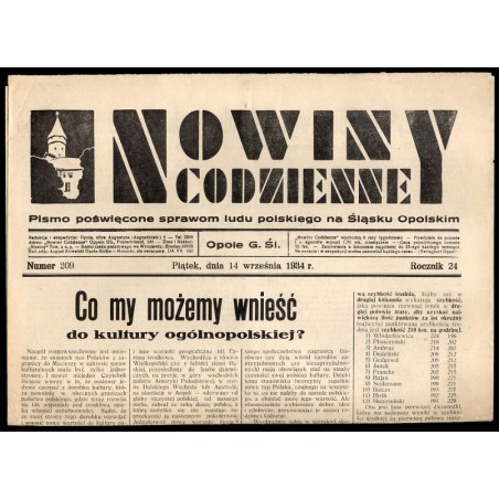Nowiny Codzienne. Pismo poświęcone sprawom ludu polskiego na Śląsku Opolskim. R.24 (1934). Nr 209 (14 września 1934)