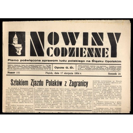 Nowiny Codzienne. Pismo poświęcone sprawom ludu polskiego na Śląsku Opolskim. R.24 (1934). Nr 185 (17 sierpnia 1934)